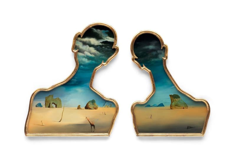Salvador Dalí Diptych Bonhams London Auction 'Couple aux têtes pleines de nuages' Gala Panels Clouds Giraffe Girl Rocks Tree Painting