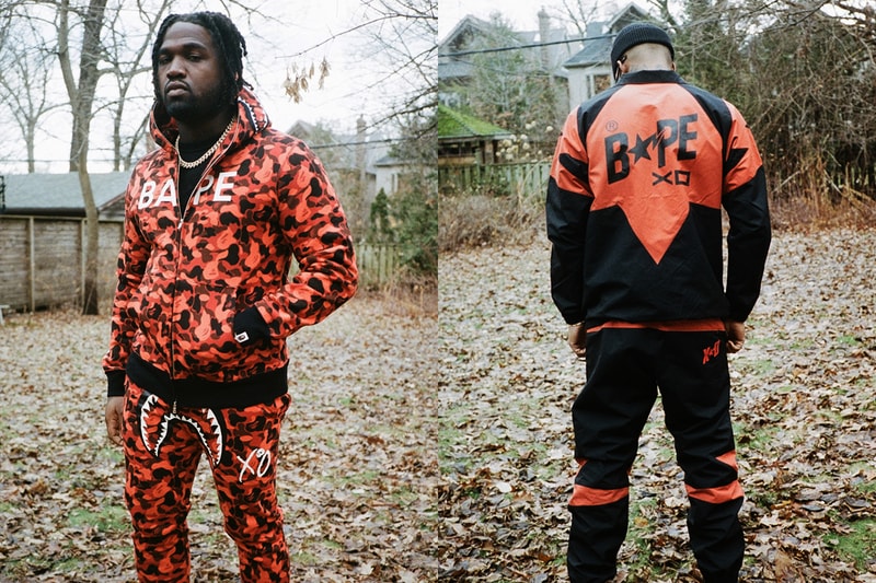 The Weeknd XO BAPE Second Capsule Collection Lookbook Release A Bathing Ape Metro Boomin La Mar Taylor Derek Wise 88Glam Info Date Buy Price Baby Milo T shirt Varsity Jacket Denim Hoodie Sweatpants Shark