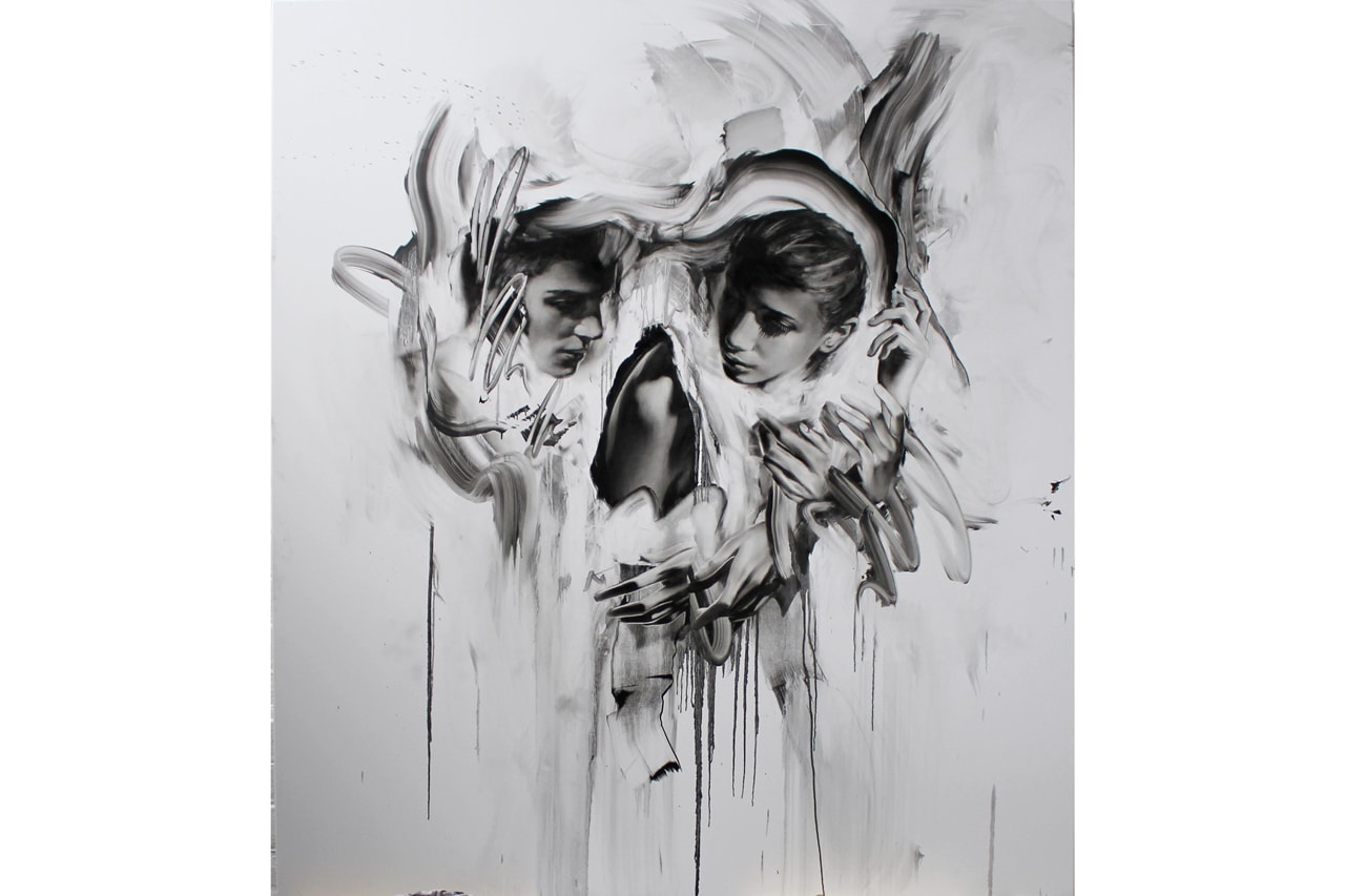 Tom French "Transcend" Unit London Retrospective Exhibition Paintings 'Parallax' 'Duality' Charcoal Drawings 