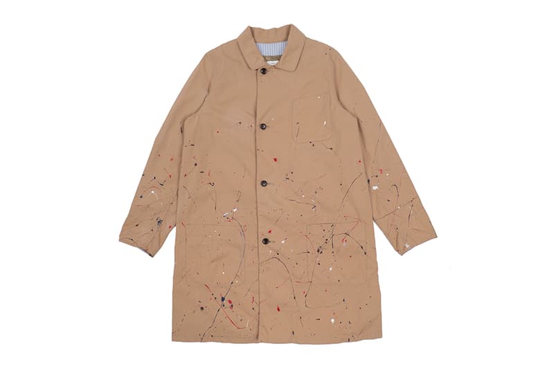 visvim Kerchief Down Jacket Grease Monkey Coat Cecile Shirt spring summer 2020 collection garments hiroki nakamura trench japanese designer artful paint splatter beige white
