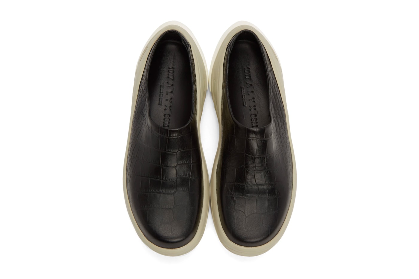 1017 ALYX 9SM Black Croc Leather Clog patent skin spring summer 2020 collection matthew M williams designers made in italy shoes sneakers footwear kicks trainers runners slippers 