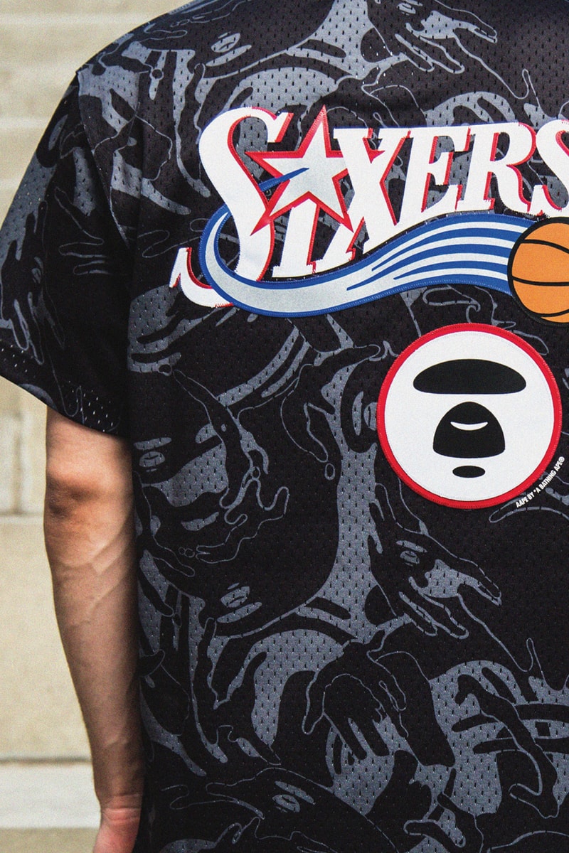 AAPE x Mitchell & Ness NBA Collaboration Toronto Raptors Brooklyn Nets Philadelphia 76ers Golden State Warriors Clippers Jerseys Shorts Hoodies