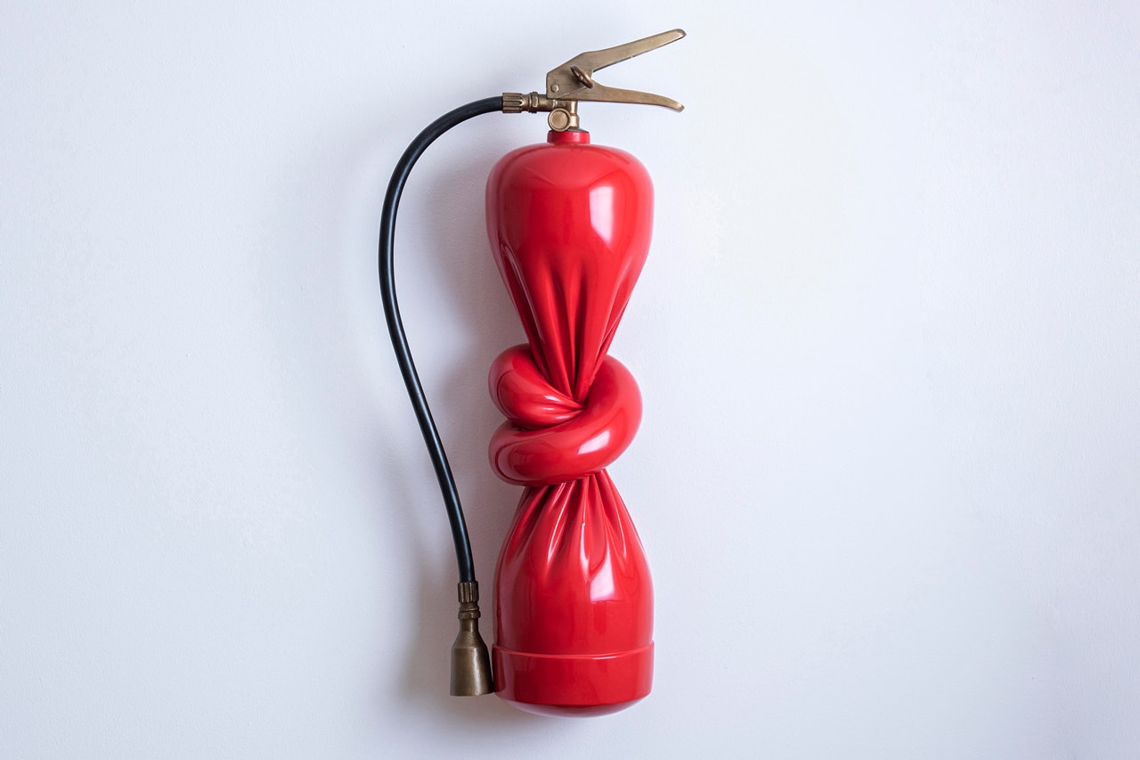 Alex Chinneck Twisted Fire Extinguisher Sculpture Knot Red Painted Patinated Waxed Bronze 