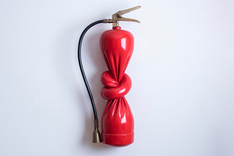 Alex Chinneck Twisted Fire Extinguisher Sculpture Knot Red Painted Patinated Waxed Bronze