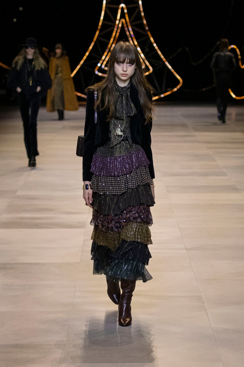 CELINE Fall/Winter 2020 Runway Collection Cesar Compression Project Crystals Jewelry Necklaces Pins Cuffs Vests Shirts Capes Hats Pants Ruffles Gingham Fur 