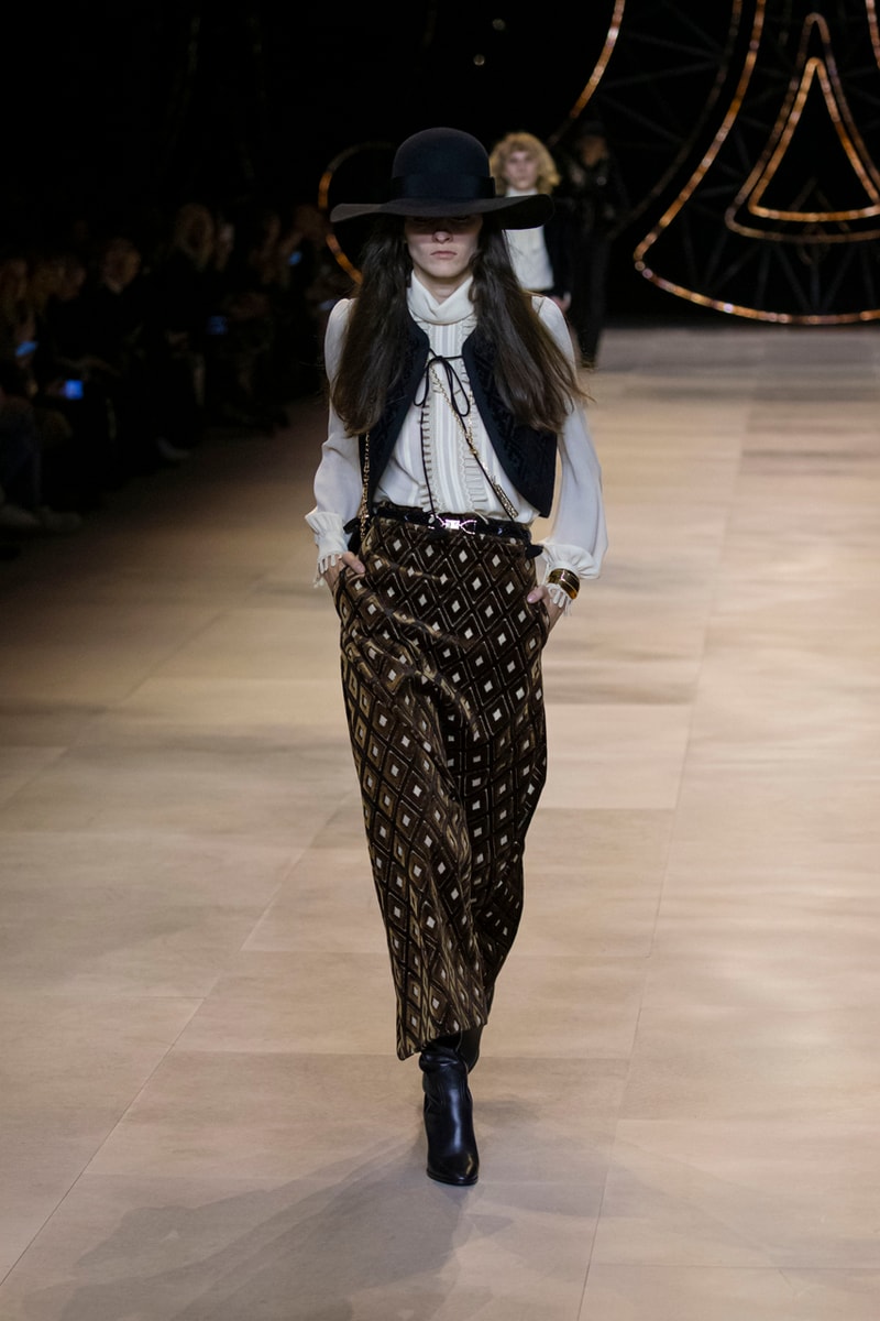 CELINE Fall/Winter 2020 Runway Collection Cesar Compression Project Crystals Jewelry Necklaces Pins Cuffs Vests Shirts Capes Hats Pants Ruffles Gingham Fur 