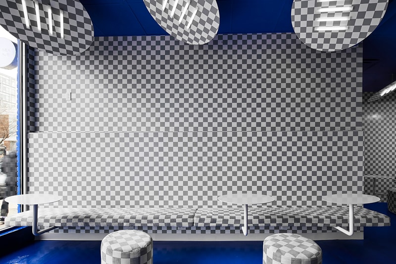 Harry Nuriev Designs Eat Me Milk Me Café Chicago west loop crosby studios pantone classic blue color of the year 2020 bubble tea shopping experience checkerboard photoshop russia vibrant design experimental