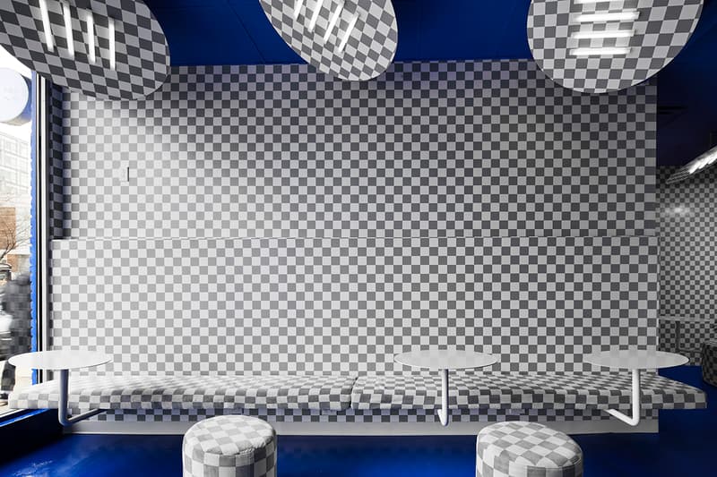 Harry Nuriev Designs Eat Me Milk Me Café Chicago west loop crosby studios pantone classic blue color of the year 2020 bubble tea shopping experience checkerboard photoshop russia vibrant design experimental