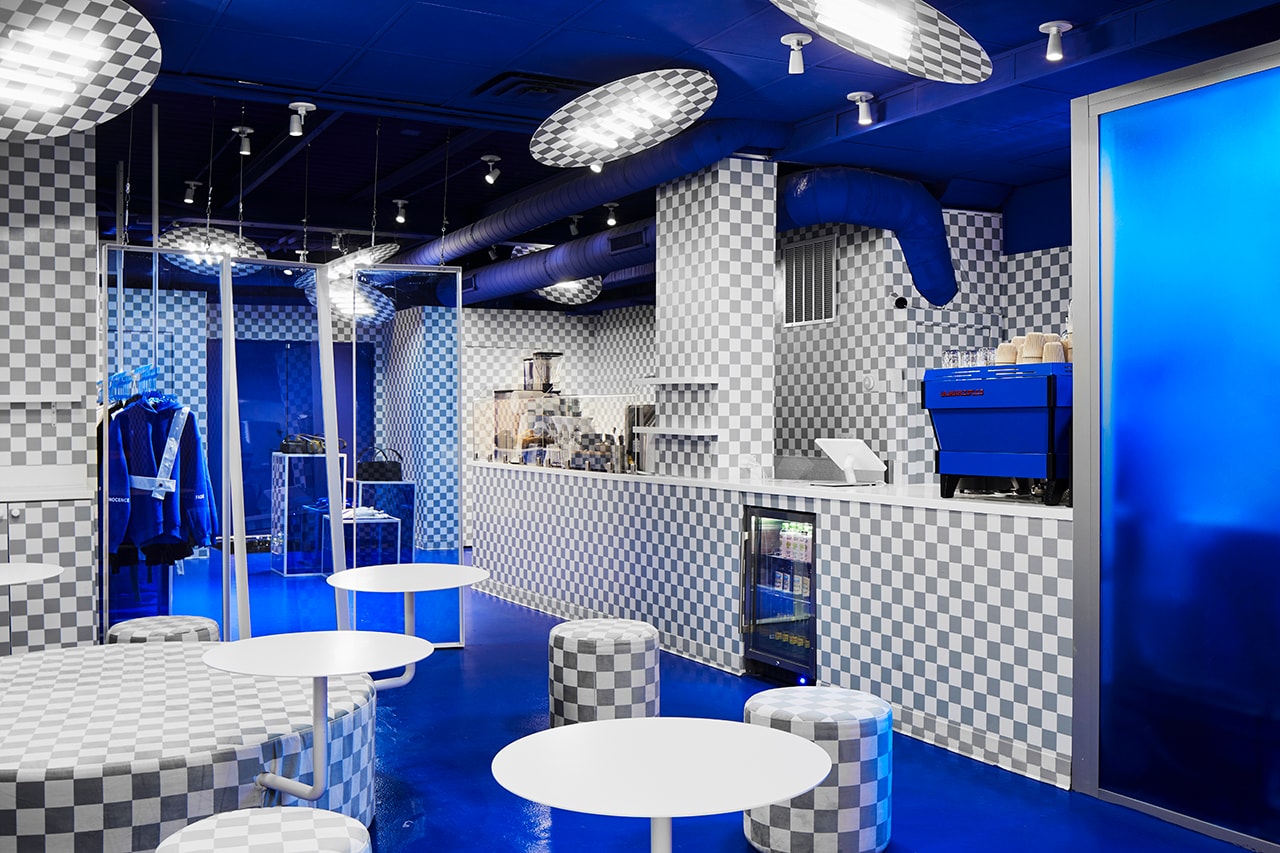 Harry Nuriev Designs Eat Me Milk Me Café Chicago west loop crosby studios pantone classic blue color of the year 2020 bubble tea shopping experience checkerboard photoshop russia vibrant design experimental