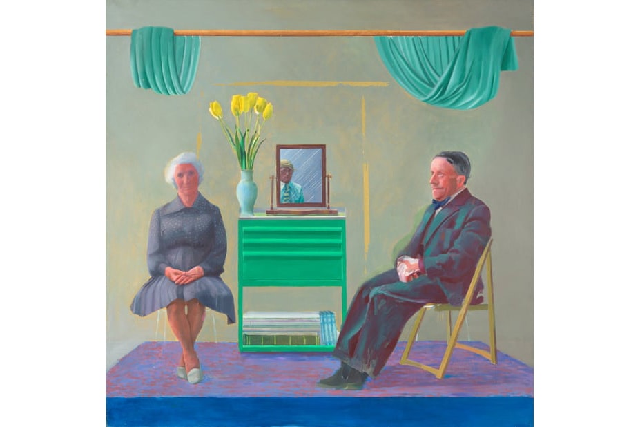 David Hockney 'My Parents and Myself' Painting National Portrait Gallery Mother Father Mirror Reflection Flowers Curtains