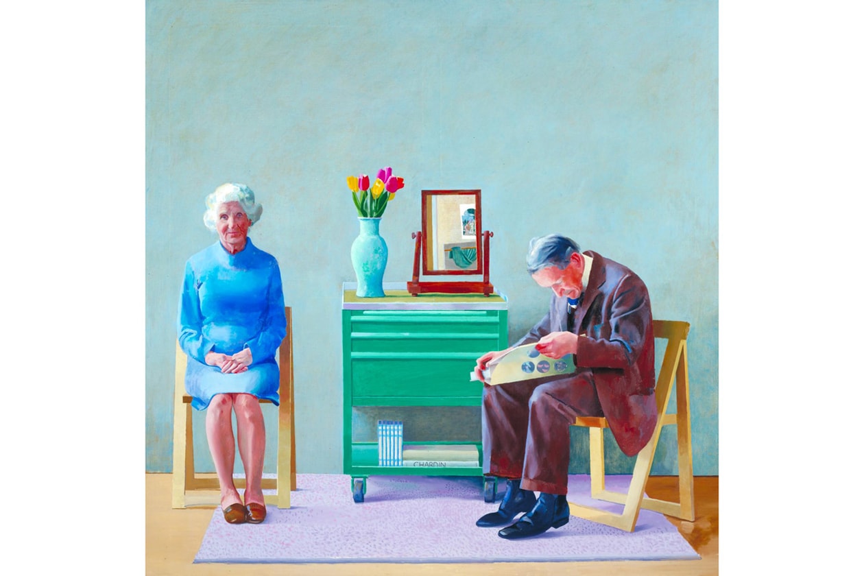 David Hockney 'My Parents and Myself' Painting National Portrait Gallery Mother Father Mirror Reflection Flowers Curtains