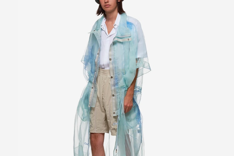 Feng Chen Wang Constructs Transparent Coat in Sleek Blue Silk