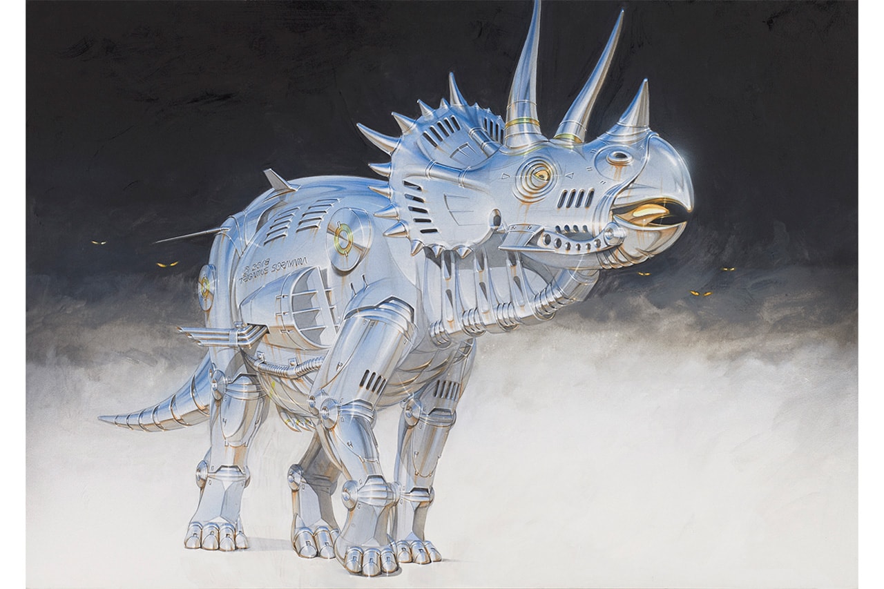 Hajime Sorayama "Sex Matter" NANZUKA Exhibition Robots Paintings Dinosaurs "Trex" "2G" Studio Tyrannosaurus Stegosaurus Gold Silver