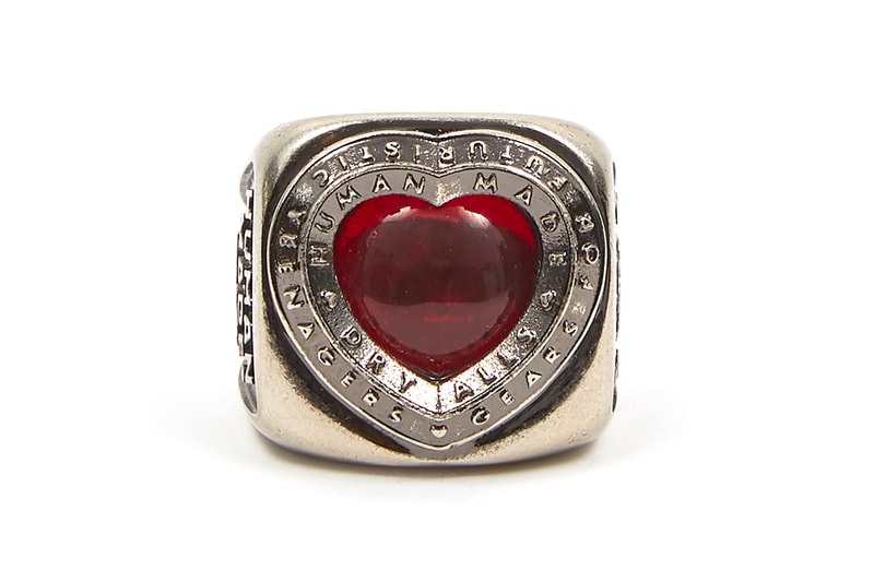 HUMAN MADE Brass Collegiate Heart Ring nigo pharrell fall winter 2020 collection accessories silver jewelry engraved ruby red 925 japanese designer tokyo gears for futuristic teenagers