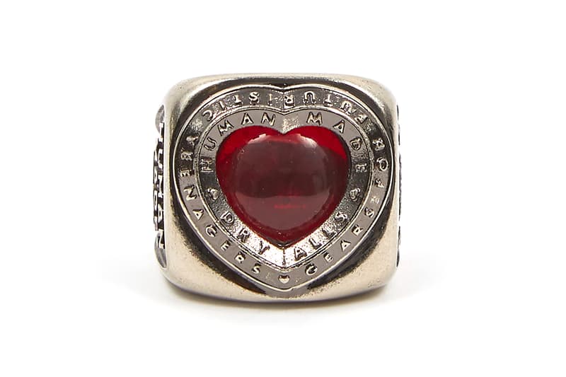 HUMAN MADE Brass Collegiate Heart Ring nigo pharrell fall winter 2020 collection accessories silver jewelry engraved ruby red 925 japanese designer tokyo gears for futuristic teenagers