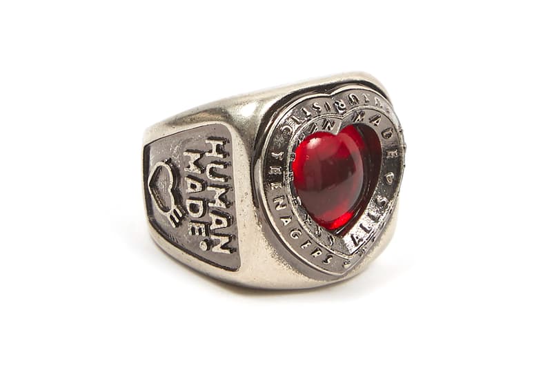 HUMAN MADE Brass Collegiate Heart Ring nigo pharrell fall winter 2020 collection accessories silver jewelry engraved ruby red 925 japanese designer tokyo gears for futuristic teenagers