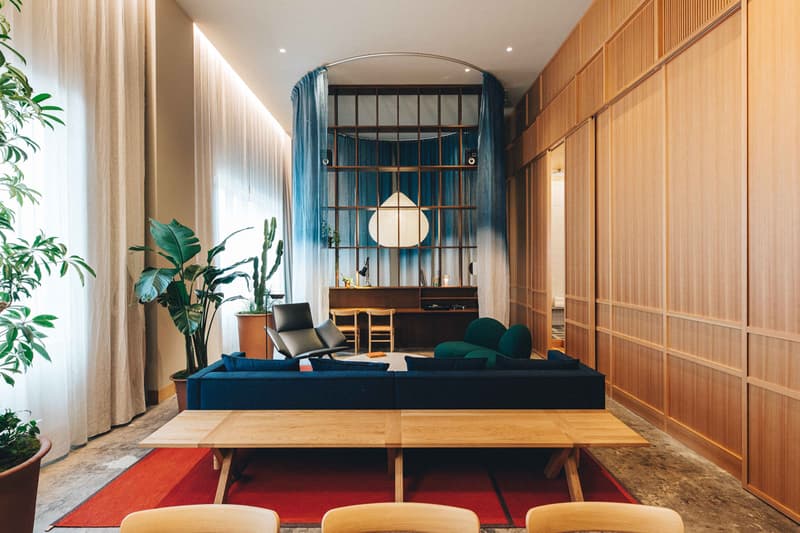 K5 Hotel Tokyo Claesson Koivisto Rune Former Bank Plants Wood Paper Lamps Maruni Emeco Furniture Red Couch Curtains Restaurant
