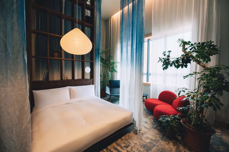 K5 Hotel Tokyo Claesson Koivisto Rune Former Bank Plants Wood Paper Lamps Maruni Emeco Furniture Red Couch Curtains Restaurant
