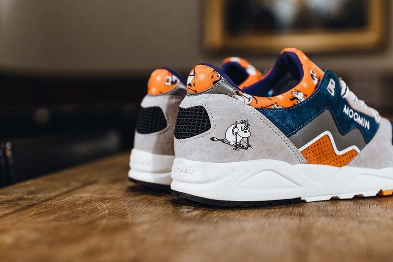 HANON The Moomins x Karhu Aria 95 Sneaker Collab 'Moominland Midwinter' Moomintroll Skiing Orange Blue Gray 