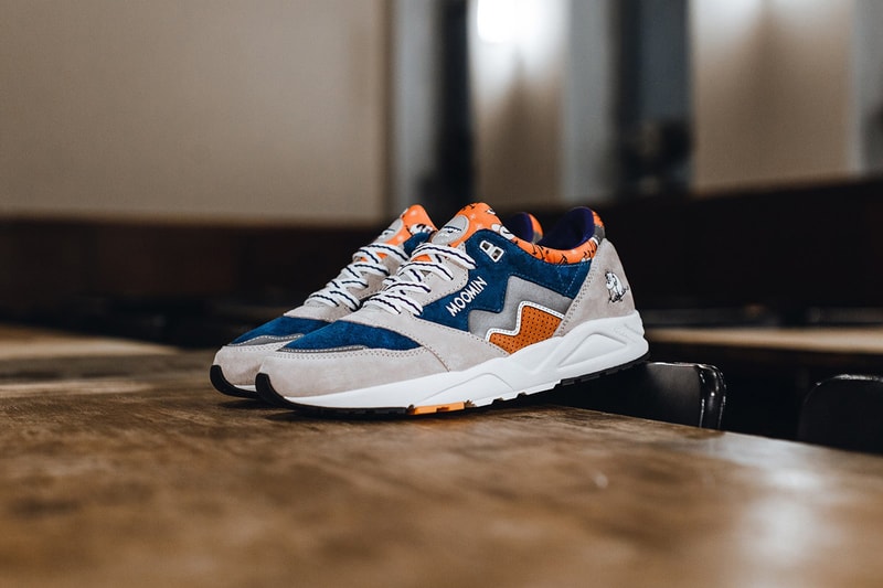 HANON The Moomins x Karhu Aria 95 Sneaker Collab 'Moominland Midwinter' Moomintroll Skiing Orange Blue Gray 