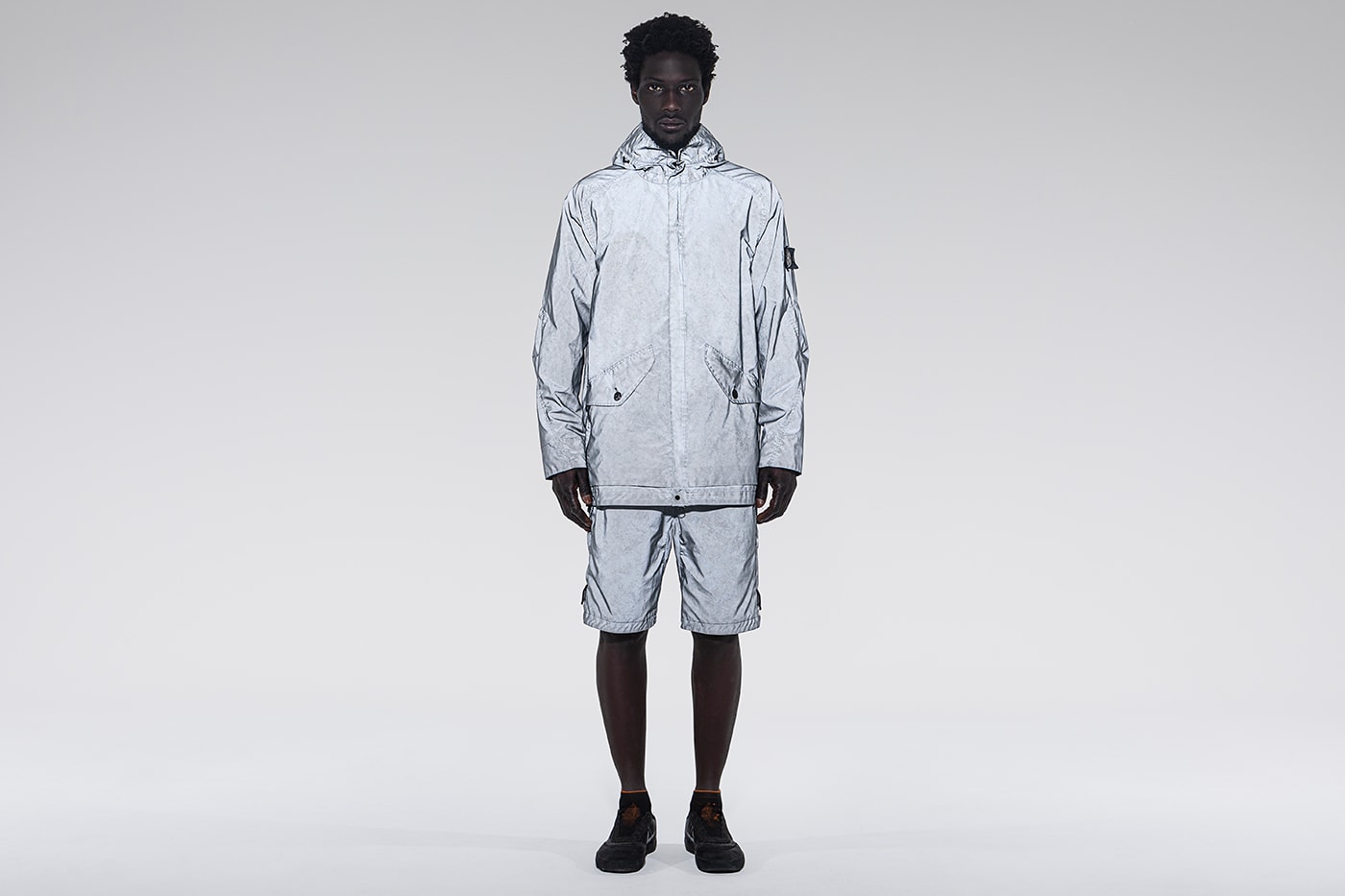 LUISAVIAROMA Exclusive Stone Island Plated Reflective Dust Shorts Parka Release Info Buy