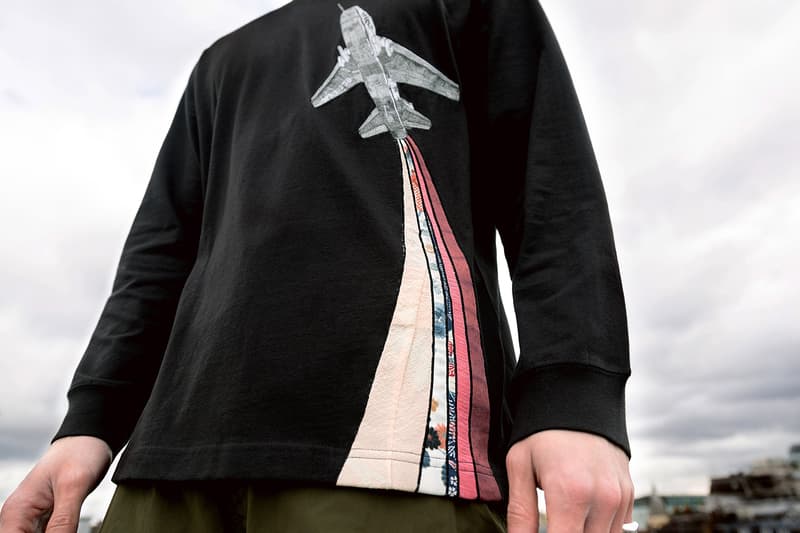 maharishi Upcycles Kimonos for Vapour Trail Capsule release info drop date japanese fabrics military vintage ss20 Artworks are hand-machine embroidered on to Original Snopants and 100% organic cotton t-shirts