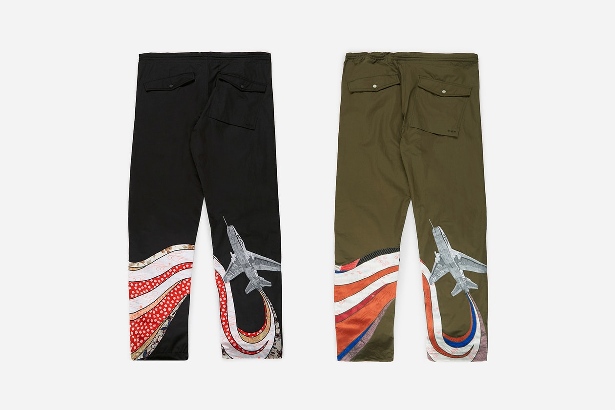 maharishi Upcycles Kimonos for Vapour Trail Capsule release info drop date japanese fabrics military vintage ss20  Artworks are hand-machine embroidered on to Original Snopants and 100% organic cotton t-shirts