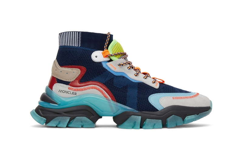 moncler navy leave no trace paneled mesh high top sneakers hightop sneaker multicolor silvertone logo webbing detail sculptural rubber midsole