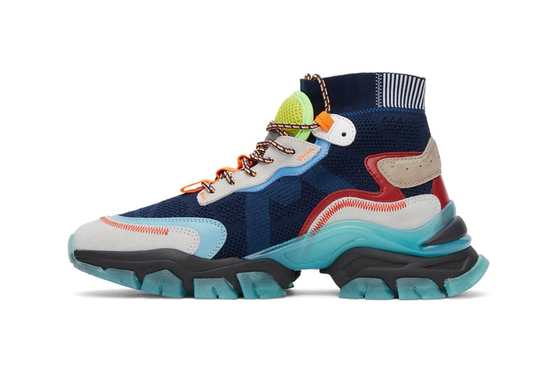 moncler navy leave no trace paneled mesh high top sneakers hightop sneaker multicolor silvertone logo webbing detail sculptural rubber midsole