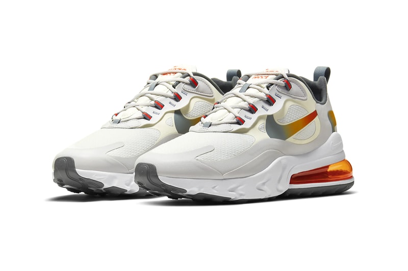 Nike Air Max 270 React Summit White bust gray smoke gray Metallic Gold CD6615 100 swoosh spring summer 2020 collection footwear shoes sneakers runners trainers kicks checks 