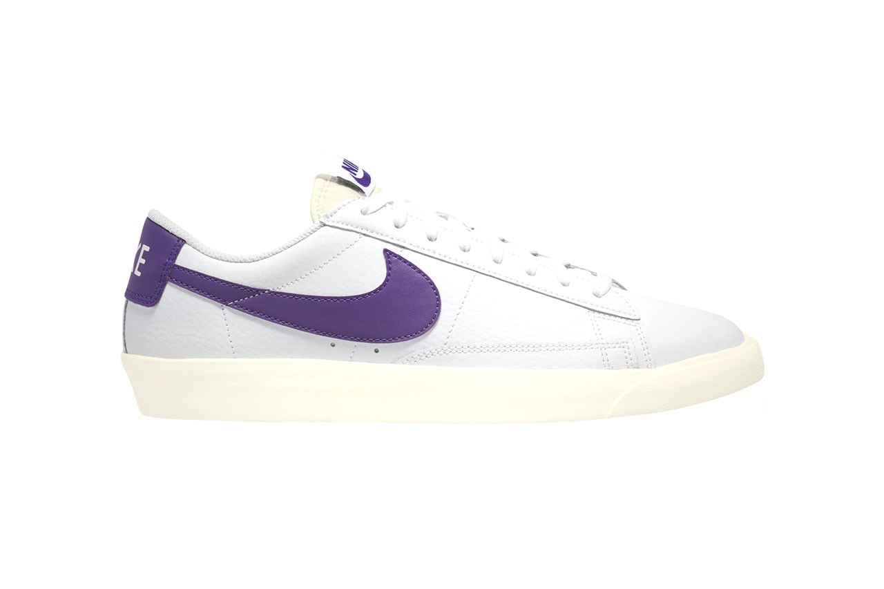 Nike Blazer Low Leather Drops in Four Bold Colorways "WHITE/VOLTAGE PURPLE-SAIL" "WHITE/LASER BLUE-SAIL" "WHITE/GREEN SPARK-SAIL" WHITE/BLACK-SAIL" Premium Materials Release Information Sneakers Footwear Swoosh Brand Vintage Retro