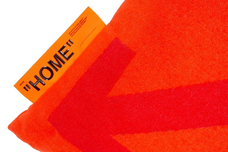 Off-White™ Introduces Orange ARROWS PILLOW logo throw tonal hang tag quotation marks collection virgil abloh