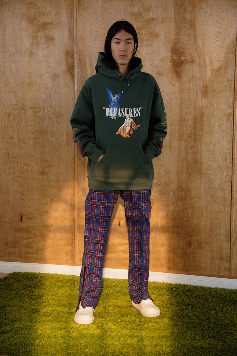 PLEASURES Spring Summer 2020 Collection Lookbook Release Info Alex James Hoodies T shirts Cap Hat Shorts Pants Trousers