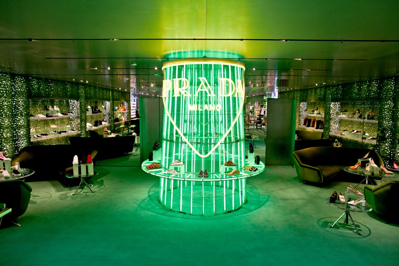 prada hyper leaves in store installation party beverly hills store new york miami installation neon green yellow palm trees nature display spring summer 2020
