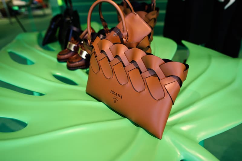 prada hyper leaves in store installation party beverly hills store new york miami installation neon green yellow palm trees nature display spring summer 2020