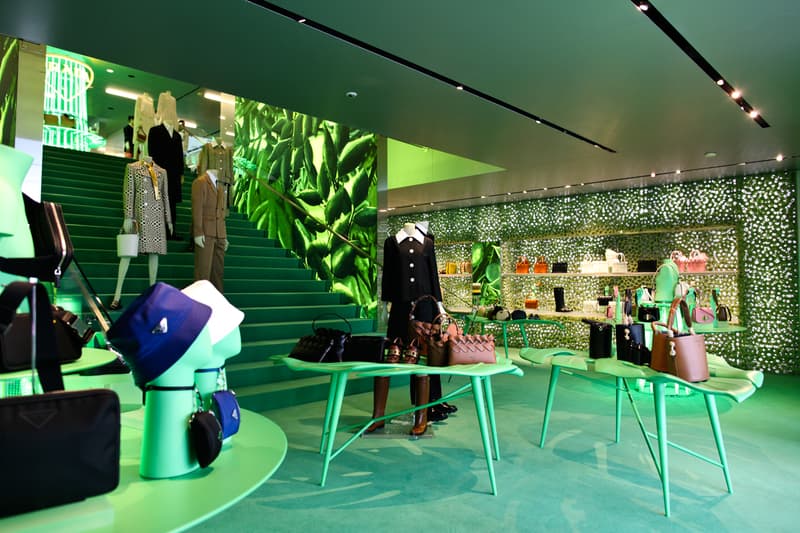 prada hyper leaves in store installation party beverly hills store new york miami installation neon green yellow palm trees nature display spring summer 2020