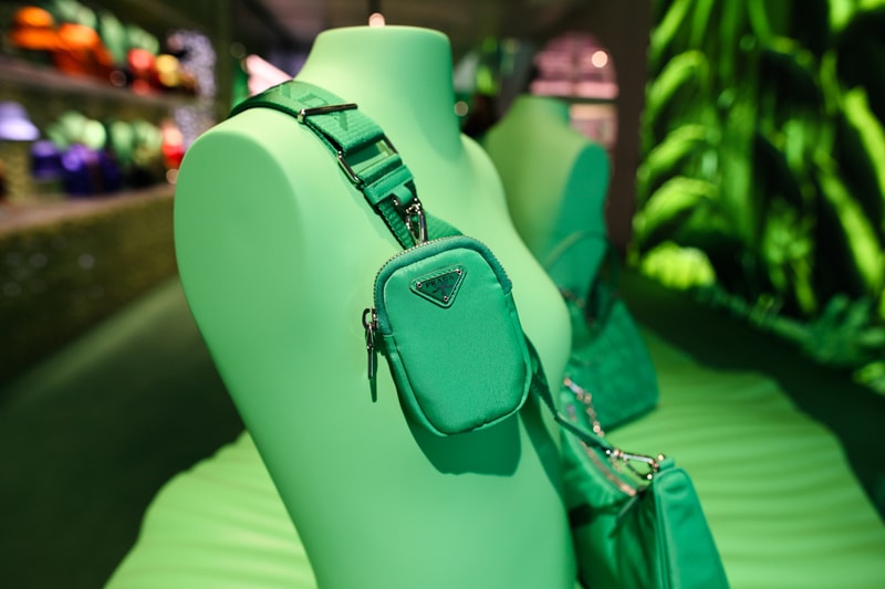prada hyper leaves in store installation party beverly hills store new york miami installation neon green yellow palm trees nature display spring summer 2020