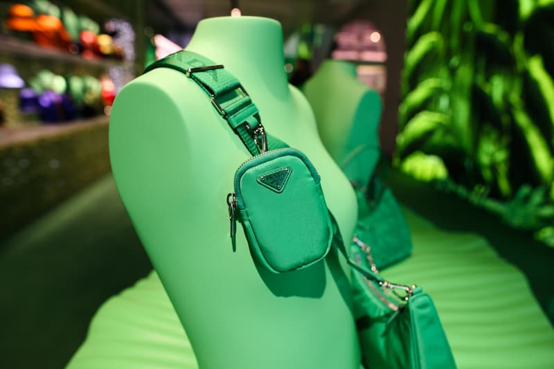 prada hyper leaves in store installation party beverly hills store new york miami installation neon green yellow palm trees nature display spring summer 2020