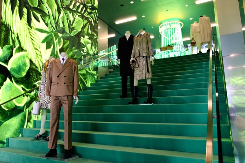 prada hyper leaves in store installation party beverly hills store new york miami installation neon green yellow palm trees nature display spring summer 2020