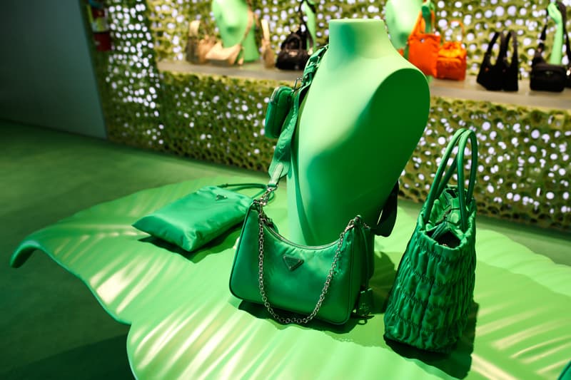 prada hyper leaves in store installation party beverly hills store new york miami installation neon green yellow palm trees nature display spring summer 2020