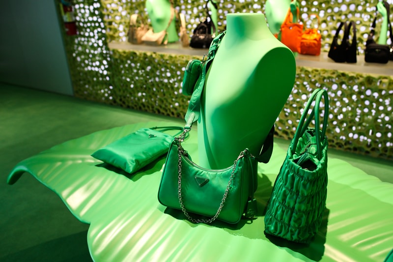 prada hyper leaves in store installation party beverly hills store new york miami installation neon green yellow palm trees nature display spring summer 2020