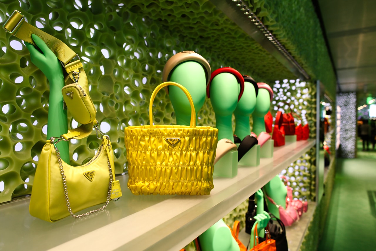 prada hyper leaves in store installation party beverly hills store new york miami installation neon green yellow palm trees nature display spring summer 2020