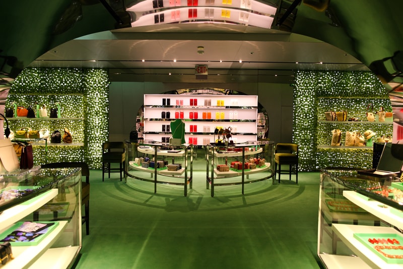 prada hyper leaves in store installation party beverly hills store new york miami installation neon green yellow palm trees nature display spring summer 2020