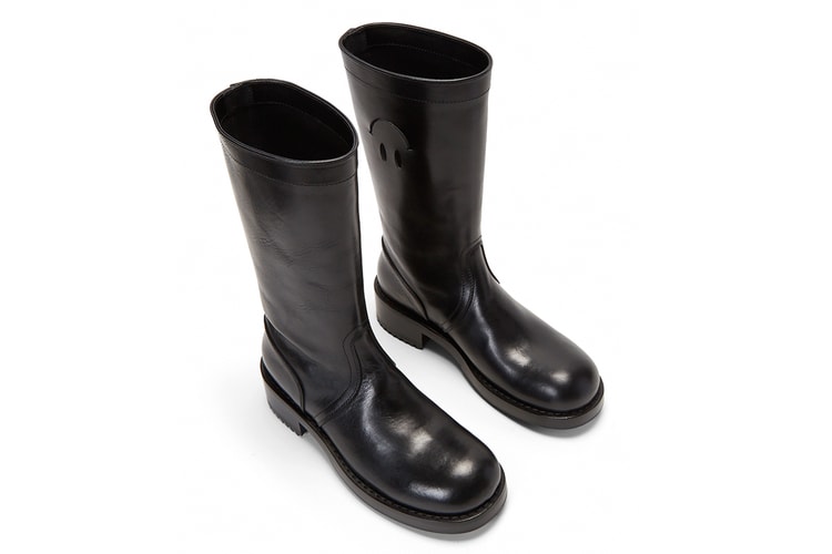 Raf Simons Drops Black Leather Cut-Out Smiley Face Boots