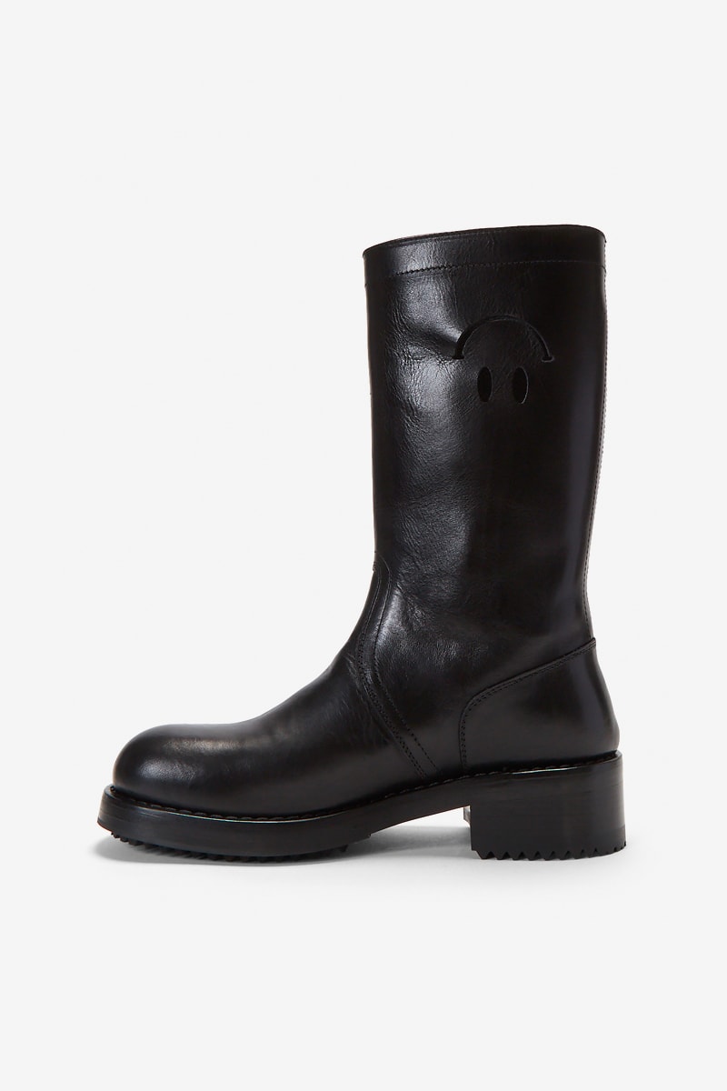 Raf Simons Cut Out Smiley Face Leather Boots black footwear shoes trainers kicks boots full grain made in itay italian antwerp designer menswear streetwear fall winter 2020 collection
