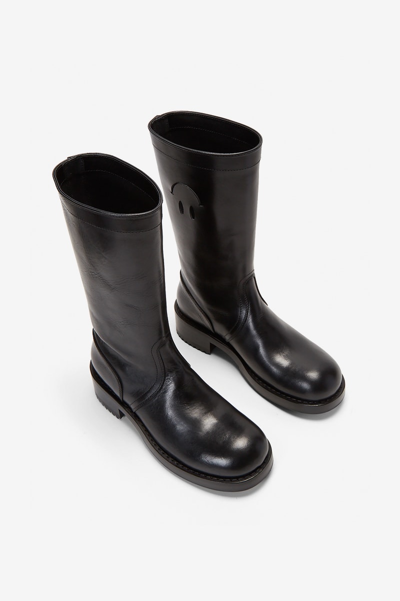 Raf Simons Cut Out Smiley Face Leather Boots black footwear shoes trainers kicks boots full grain made in itay italian antwerp designer menswear streetwear fall winter 2020 collection