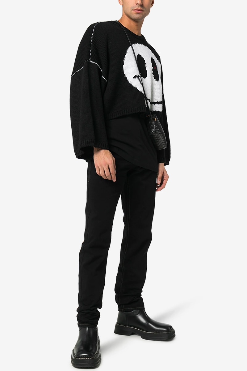 Raf Simons Black Smiley Intarsia Knit Sweater white virgin wool long sleeve cropped crop dropped shoulders contrast stitching motif fall winter 2020 collection monochromatic pullovers