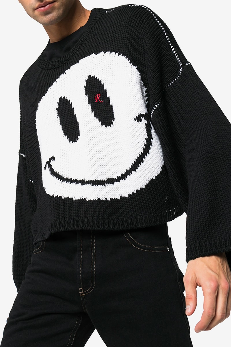 Raf Simons Black Smiley Intarsia Knit Sweater white virgin wool long sleeve cropped crop dropped shoulders contrast stitching motif fall winter 2020 collection monochromatic pullovers