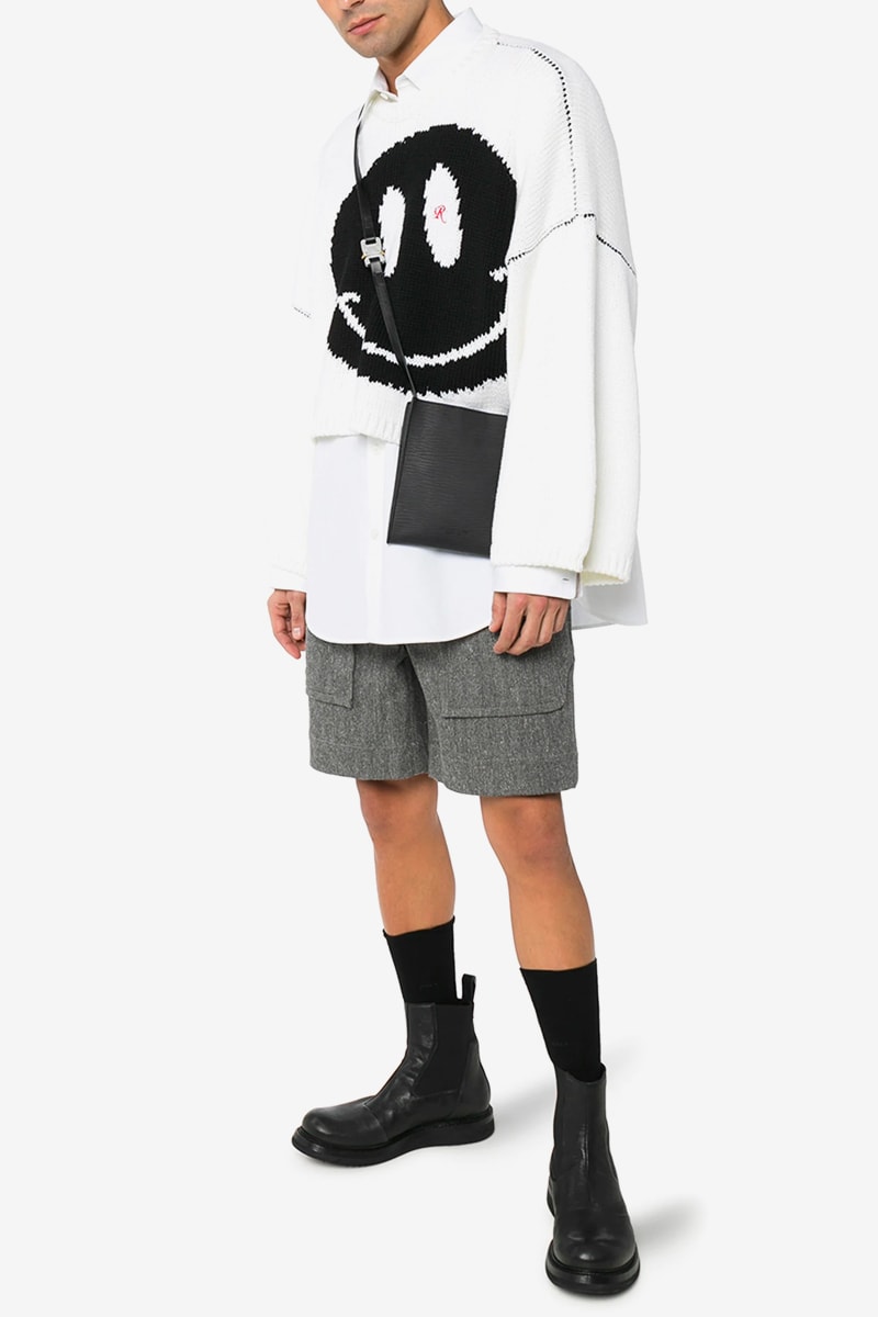 Raf Simons Black Smiley Intarsia Knit Sweater white virgin wool long sleeve cropped crop dropped shoulders contrast stitching motif fall winter 2020 collection monochromatic pullovers
