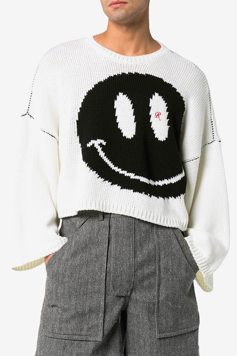 Raf Simons Black Smiley Intarsia Knit Sweater white virgin wool long sleeve cropped crop dropped shoulders contrast stitching motif fall winter 2020 collection monochromatic pullovers
